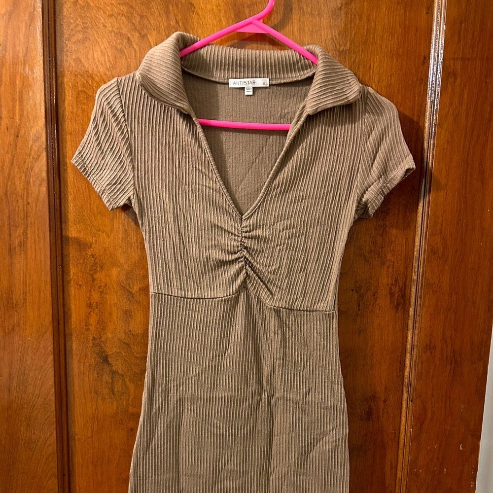 Antistar Beige Bodycon Summer Dress Deep V-Neck (size small)